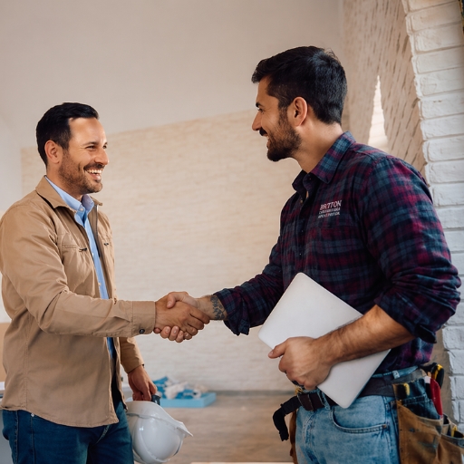 britton construction and restoration general contractor is shaking hands with a property manager they are both happy after a succesful project